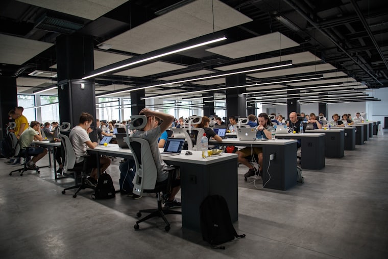 A modern open-plan office workspace